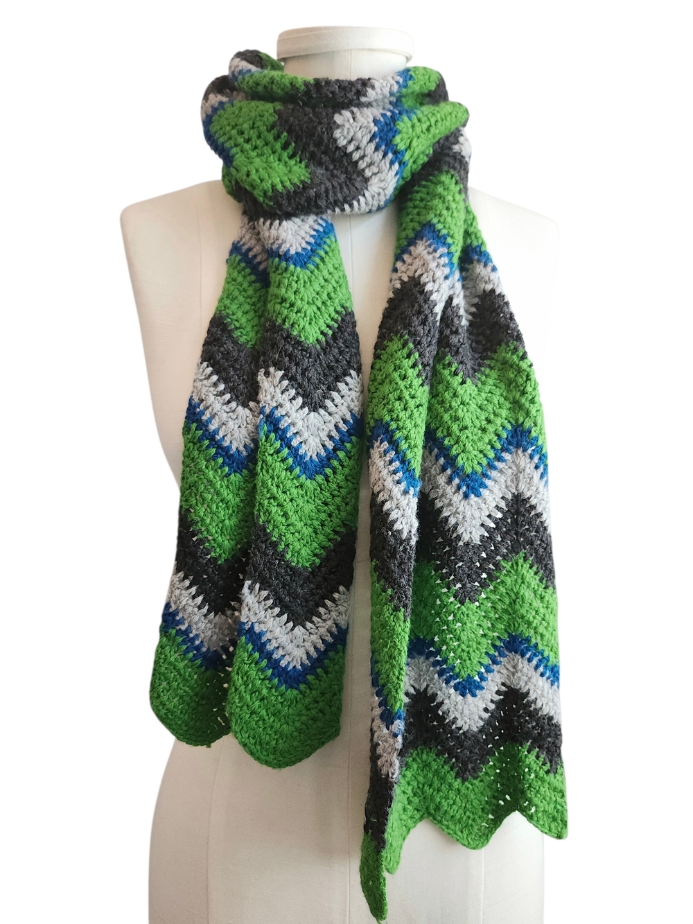Polo Jeans Company Vintage Chevron Crochet Scarf Green Black Gray Blue 74x7.5"